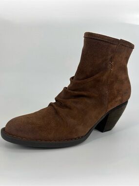 BORN Aire Side‎ Zip Heeled Ankle Boots Bootie Ruched Suede, Brown, Size 8, NWT